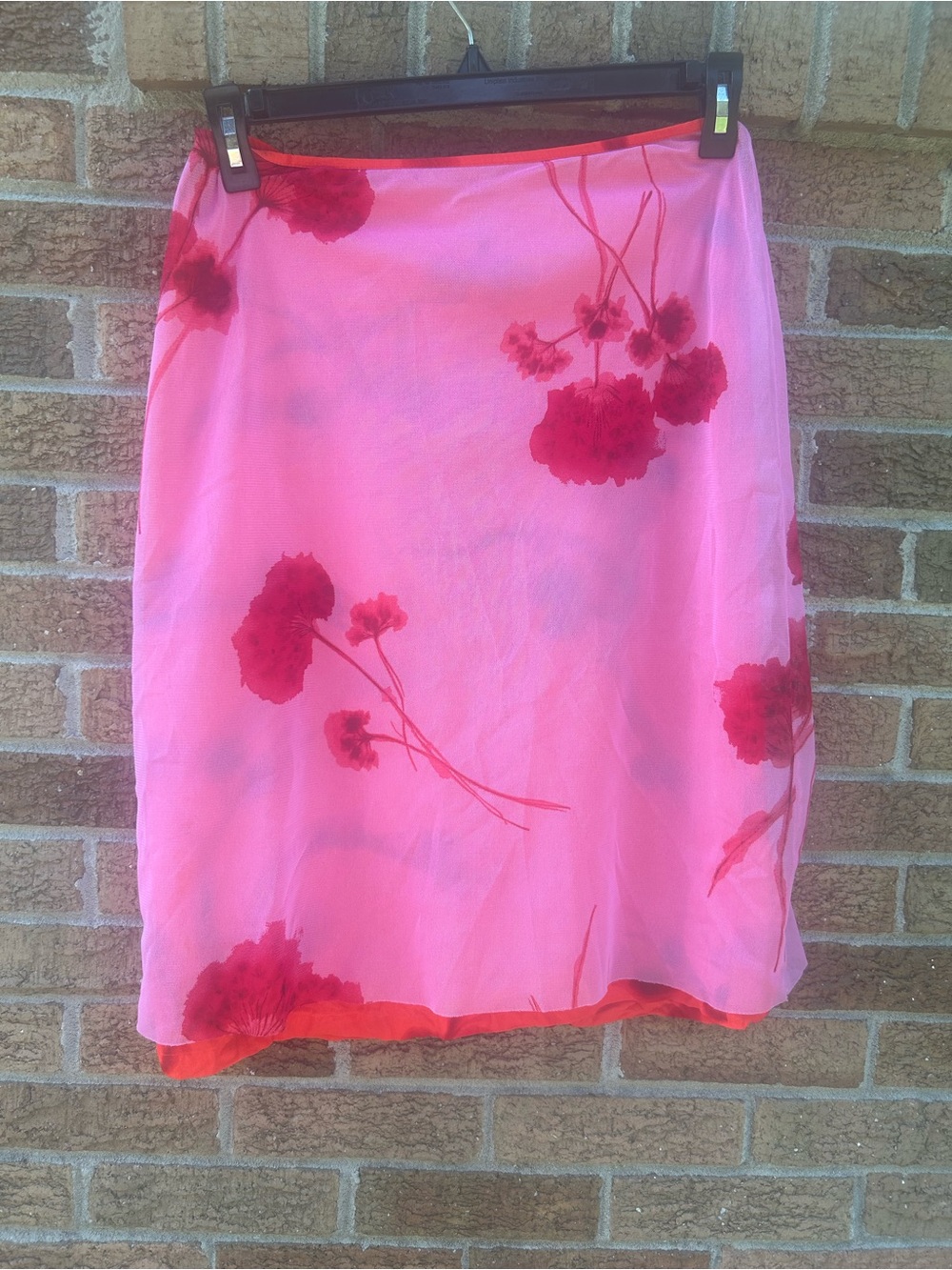 Floral Pink Midi Skirt with Red Bloom Print size 38 (large) Y2K style